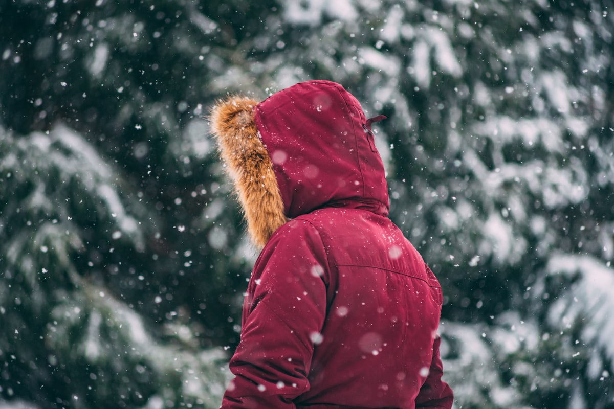 穿着鲜红色羽绒服的人在加拿大雪地里，展示冬季保暖装备的必要性